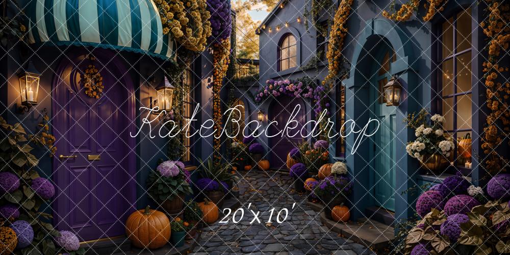 Kate Halloween Dorf Straße Kürbisse Blumen Hintergrund Entworfen von Emetselch - Kate Backdrop.de