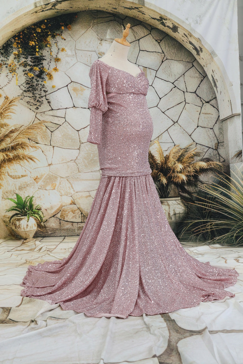 Kate Sequin Embroidery Trailing Detachable Sleeve Maternity Photoshoot Dress - Kate Backdrop.de