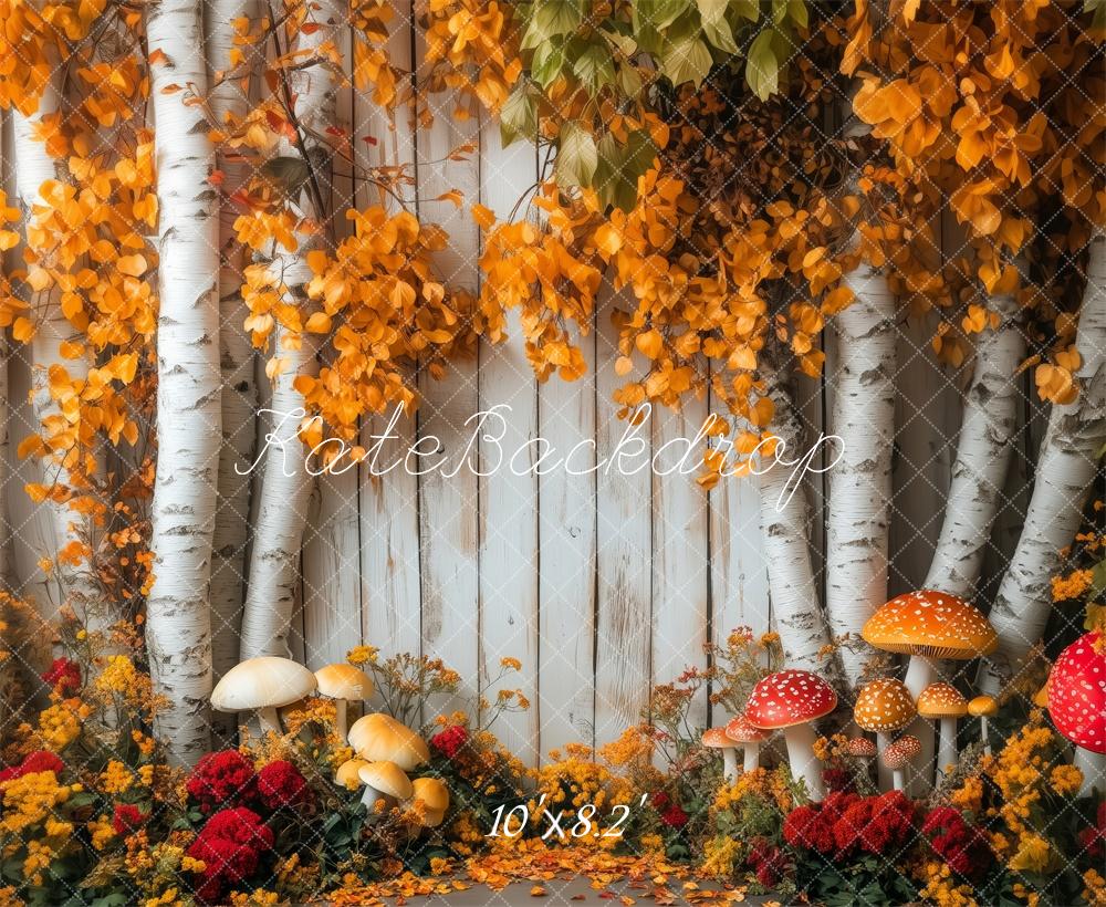 Kate Herbst Birkenstämme Pilze Orange Hintergrund Entworfen von Patty Roberts - Kate Backdrop.de