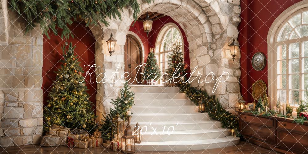Kate Weihnachten Steintreppe Weihnachtsbaum Rot Hintergrund Entworfen von Emetselch - Kate Backdrop.de