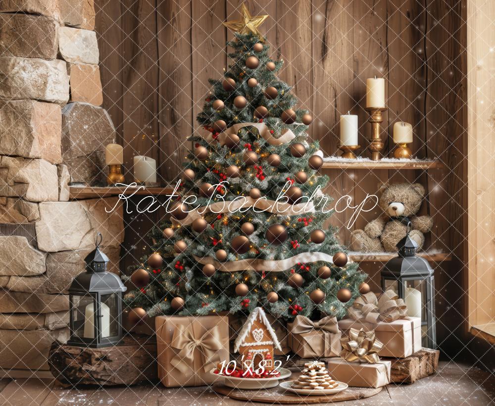 Kate Weihnachten Tannenbaum Geschenke Kamin Holz Hintergrund Entworfen von Mini MakeBelieve - Kate Backdrop.de