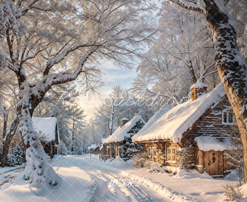 Kate Winter Dorf Schnee Natur Fleece Hintergrund Entworfen von Emetselch - Kate Backdrop.de