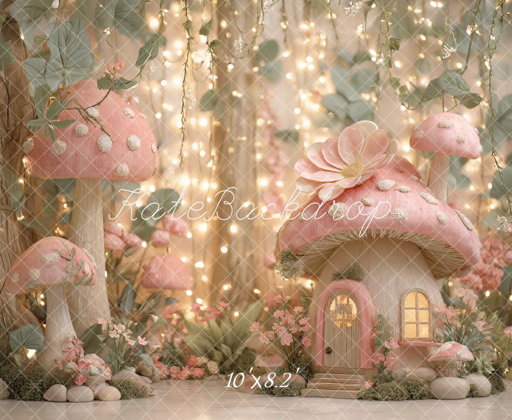 Kate Märchen Pilzhäuser Lichter Rosa Hintergrund Entworfen von Ashley Paul - Kate Backdrop.de