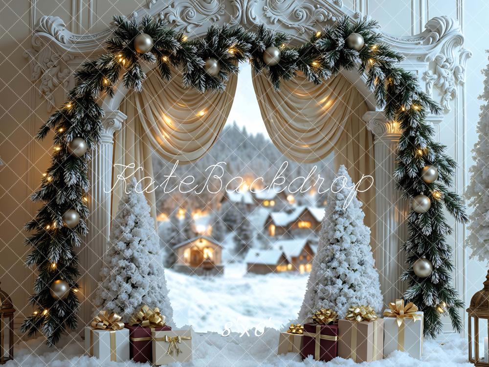 Kate Weihnachten Fenster Winterdorf Weiß Gold Hintergrund Entworfen von Mini MakeBelieve - Kate Backdrop.de