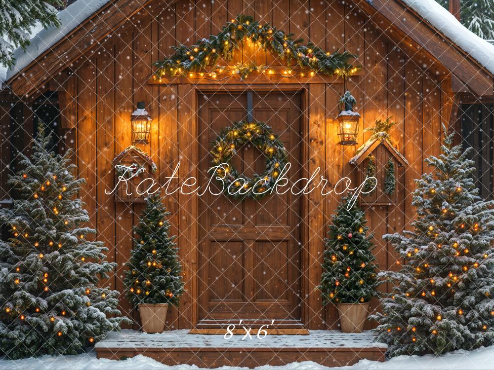 Kate Weihnachten Holzhaus Schneetannen Warmlicht Hintergrund Entworfen von Emetselch