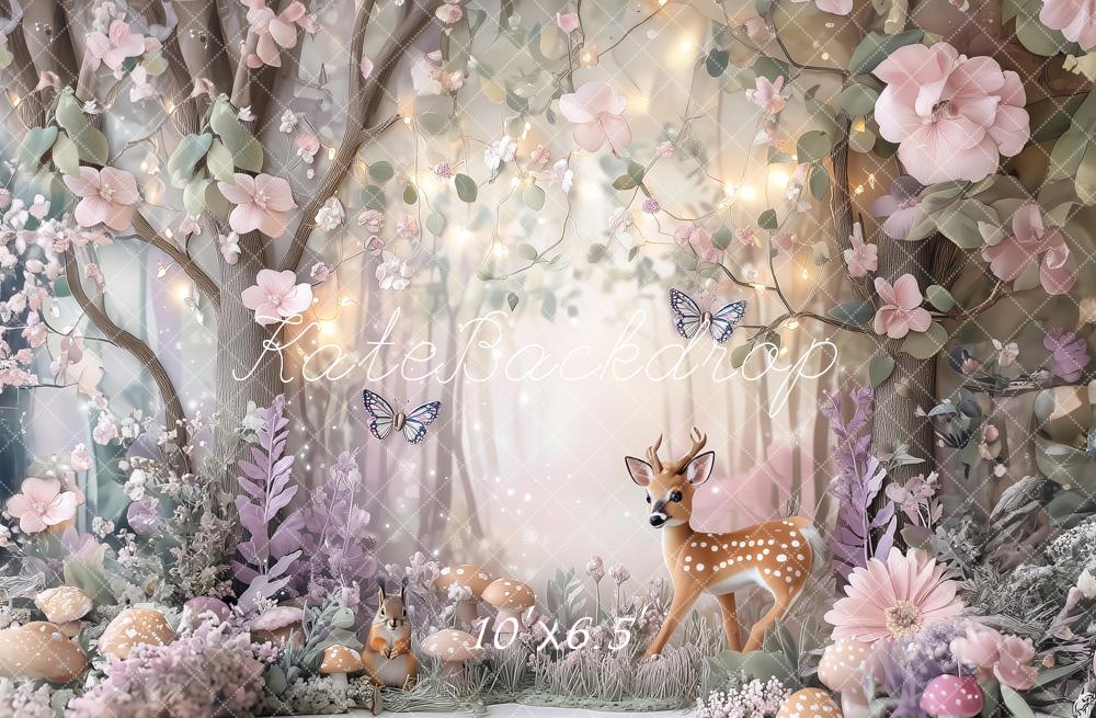 Kate Märchenwald Reh Schmetterlinge Blumen Pastell Hintergrund Entworfen von Patty Roberts - Kate Backdrop.de