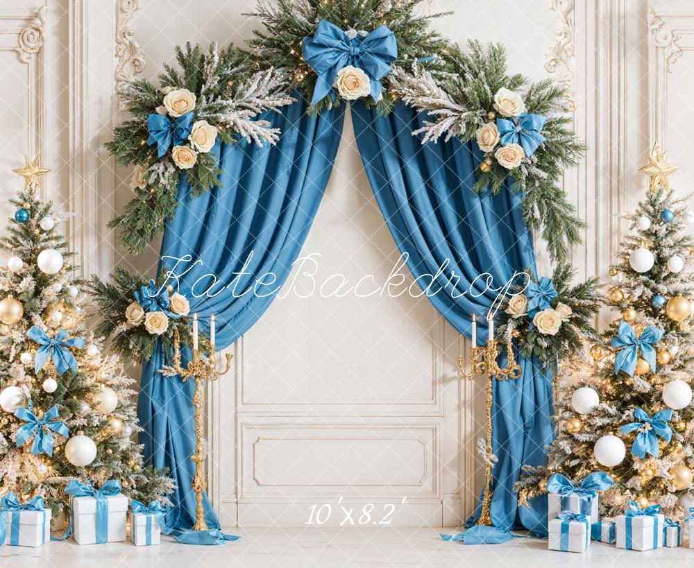 Kate Weihnachten Christbäume Blaue Schleifen Elegant Hintergrund Entworfen von Emetselch - Kate Backdrop.de