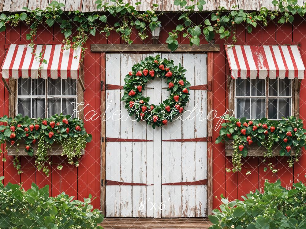 Kate Sommer Erdbeeren Fenster Holztür Rustikal Hintergrund Entworfen von Emetselch - Kate Backdrop.de