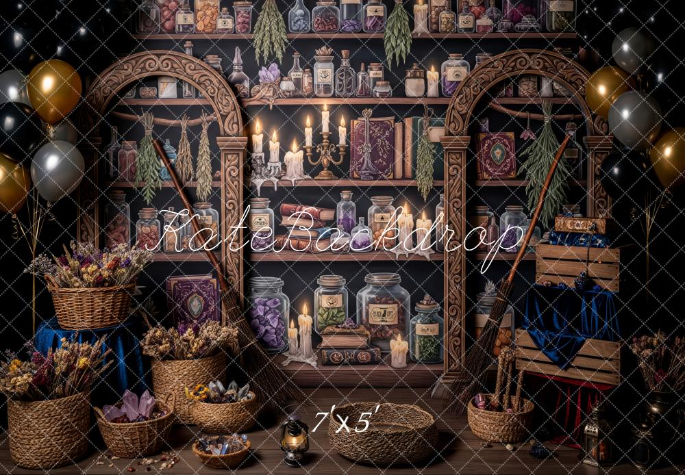 Kate Halloween Zaubertränke Bücherregal Vintage Hintergrund Entworfen von Patty Roberts - Kate Backdrop.de