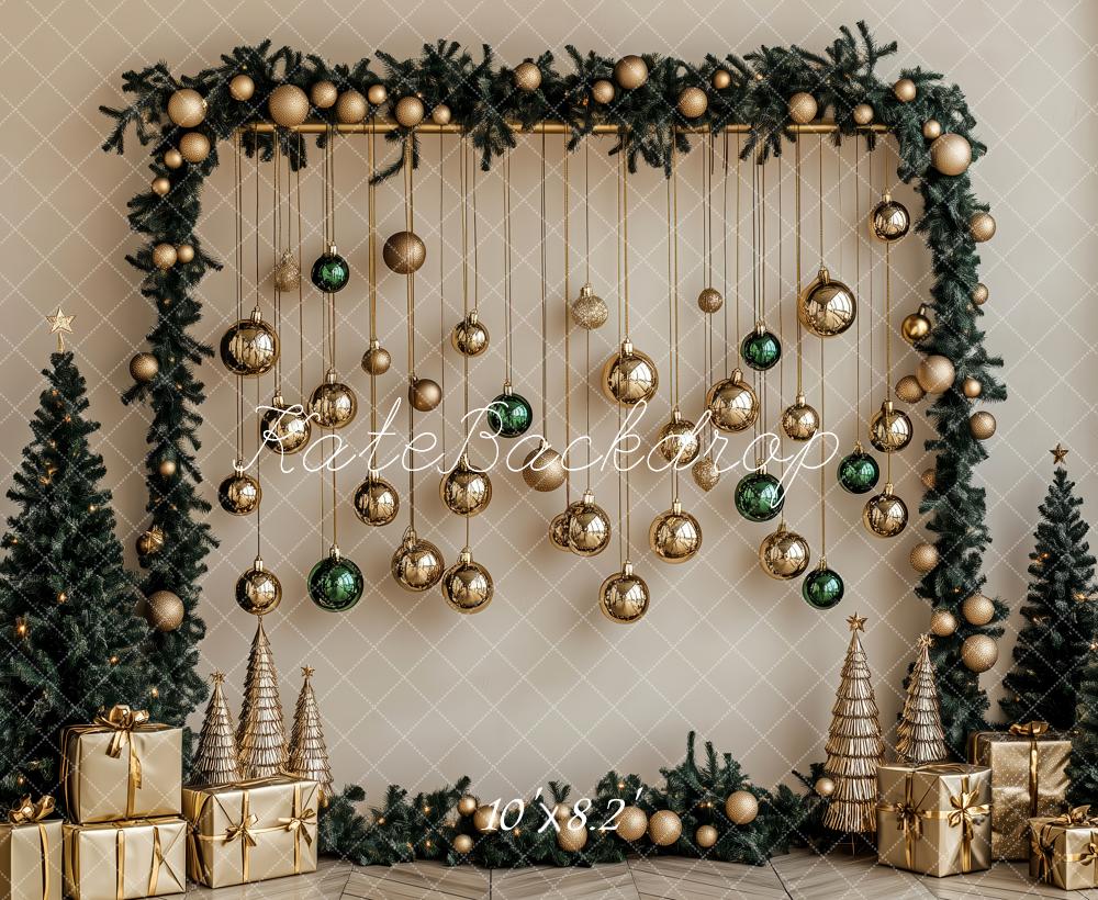 Kate Weihnachten Geschenkboxen Christbaumkugeln Goldgrün Hintergrund Entworfen von Patty Roberts - Kate Backdrop.de