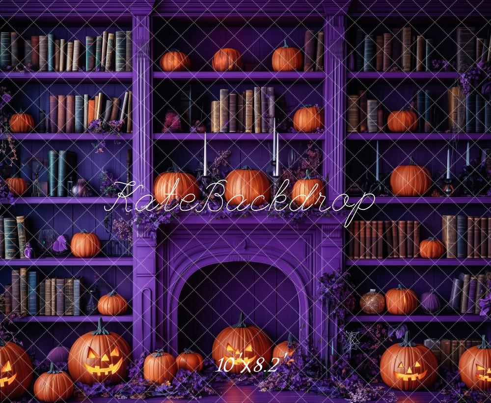 Kate Halloween Kürbisse Bücherregal Lila Hintergrund Entworfen von Patty Roberts - Kate Backdrop.de