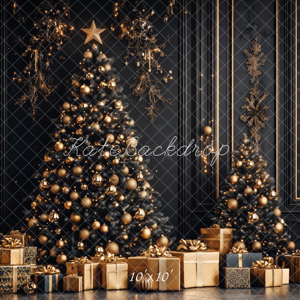 Kate Weihnachten Weihnachtsbaum Geschenke Gold Hintergrund Entworfen von Patty Roberts - Kate Backdrop.de