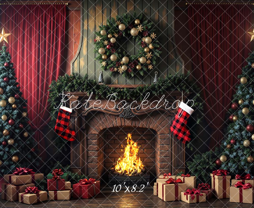 Kate Weihnachten Kamin Tannenbaum Rot Hintergrund Entworfen von Mini MakeBelieve - Kate Backdrop.de