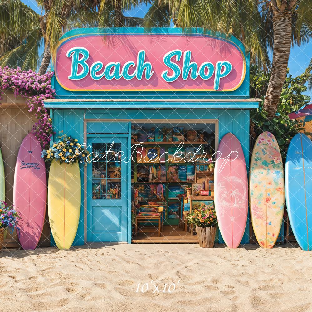 Kate Sommer Strandladen Surfbretter Bunt Hintergrund Entworfen von Emetselch - Kate Backdrop.de