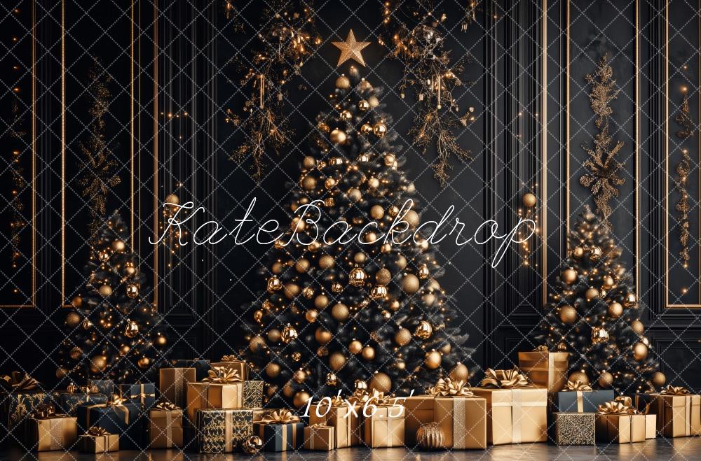 Kate Weihnachten Weihnachtsbaum Geschenke Gold Hintergrund Entworfen von Patty Roberts - Kate Backdrop.de