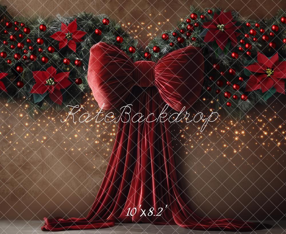 Kate Weihnachten Rote Schleife Tannenzweige Braun Hintergrund Entworfen von Mini MakeBelieve - Kate Backdrop.de