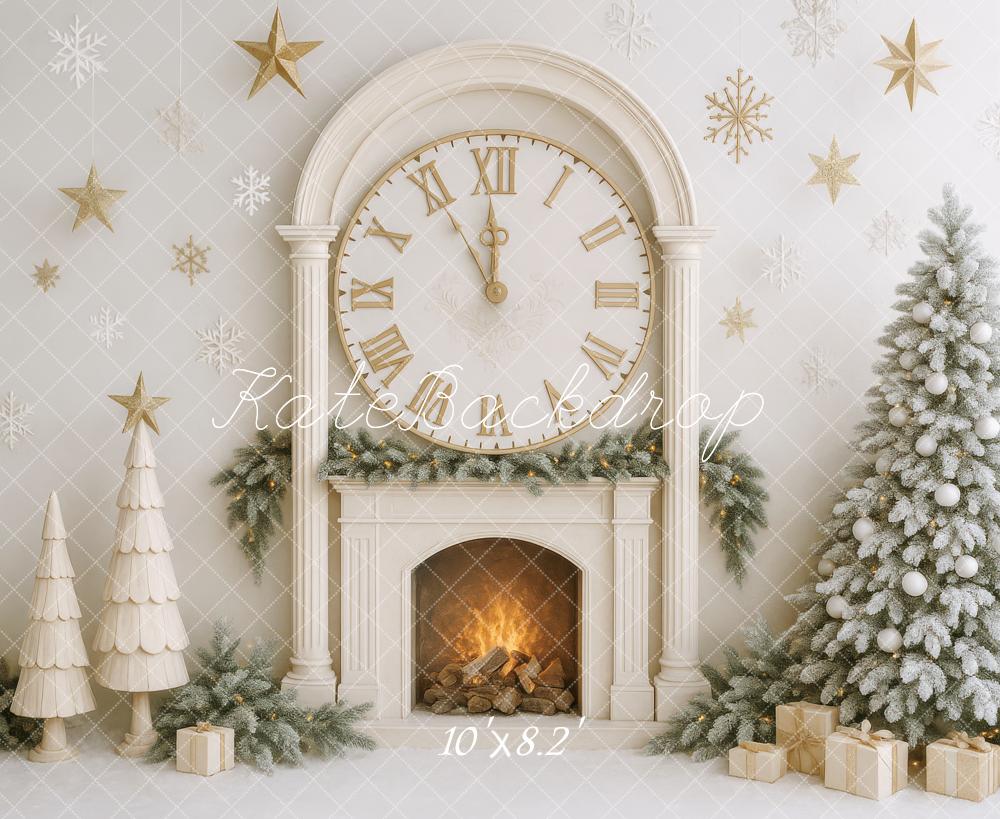 Kate Weihnachten Kamin Uhr Tannenbaum Gold Hintergrund Entworfen von Patty Roberts - Kate Backdrop.de