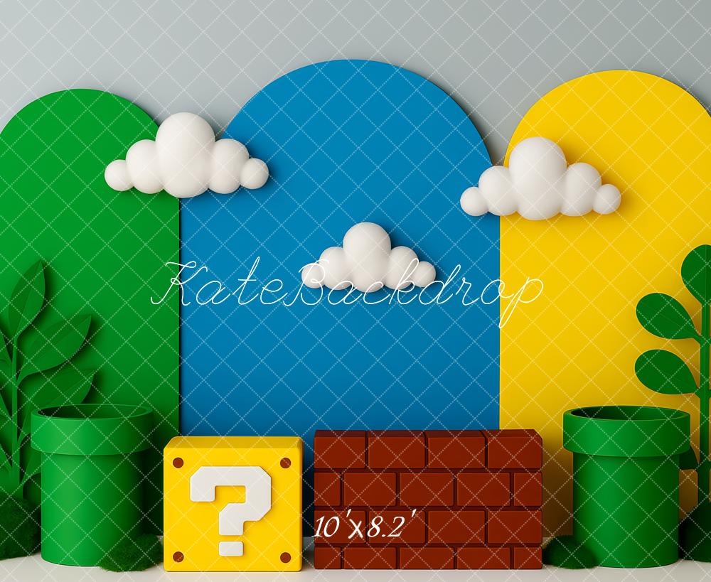 Kate Videospiel Röhren Wolken Bunt Hintergrund Entworfen von Patty Roberts - Kate Backdrop.de