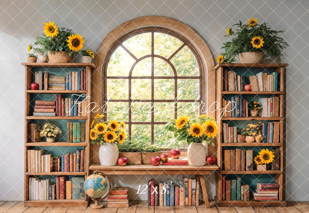 Kate Zurück Zur Schule Bücherregal Fenster Sonnenblumen Fleece Hintergrund Entworfen von Emetselch - Kate Backdrop.de