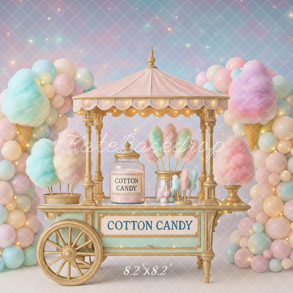 Kate Geburtstag Zuckerwattewagen Ballons Pastell Hintergrund Entworfen von Ashley Paul - Kate Backdrop.de