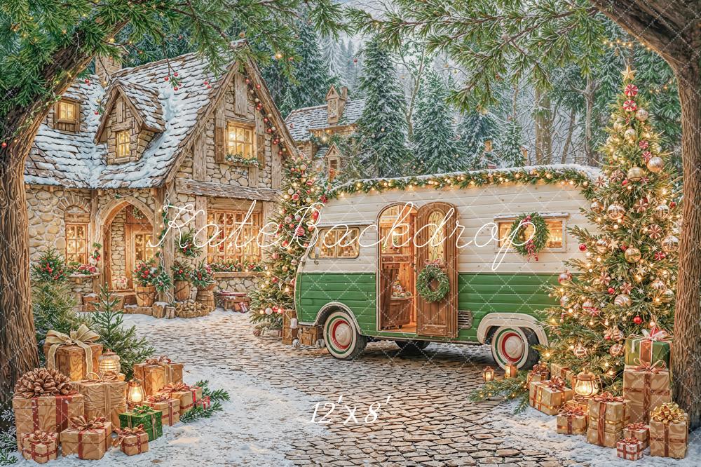 Kate Weihnachten Steinhaus Wohnwagen Winterlich Fleece Hintergrund Entworfen von Emetselch - Kate Backdrop.de