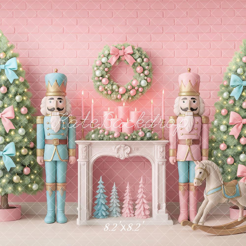 Kate Weihnachten Nussknacker Kamin Pastellrosa Hintergrund Entworfen von Ashley Paul - Kate Backdrop.de