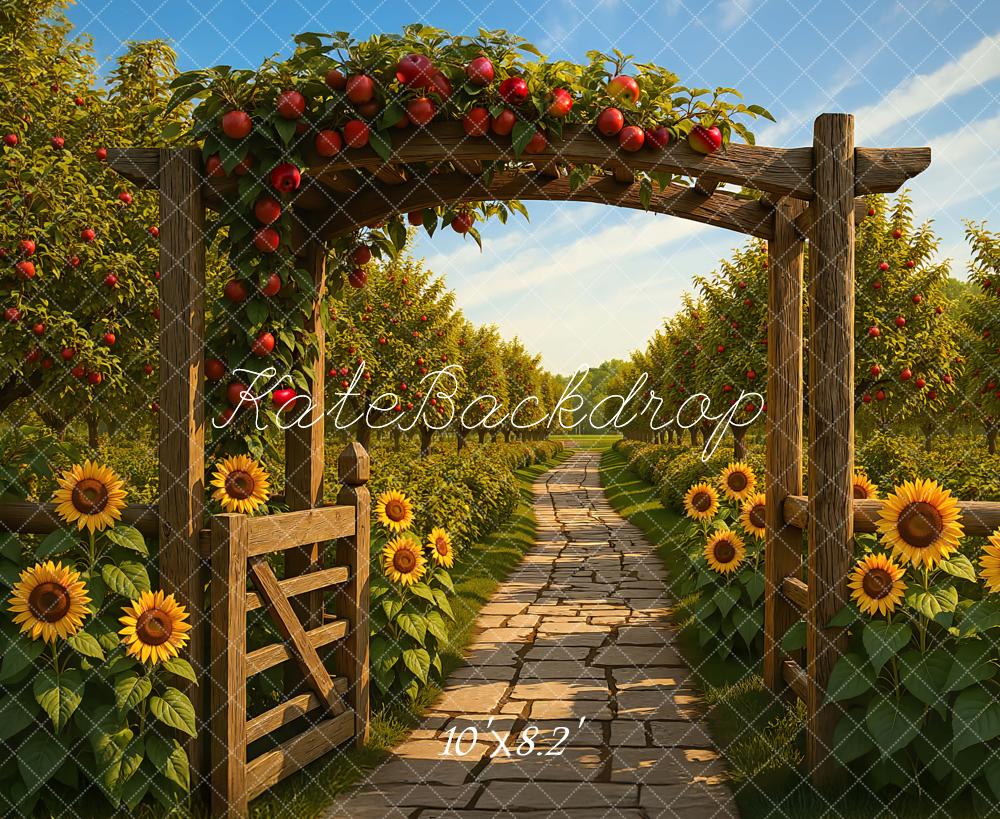 Kate Herbst Apfelgarten Sonnenblumen Steinweg Hintergrund Entworfen von Mini MakeBelieve - Kate Backdrop.de