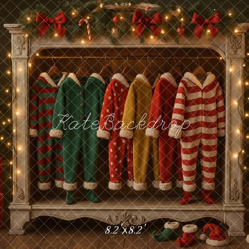 Kate Weihnachten Elfenkostüme Kamin Vintage Hintergrund Entworfen von Ashley Paul - Kate Backdrop.de