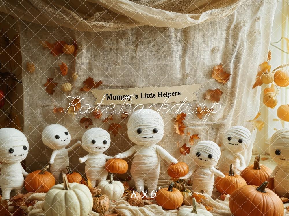 Kate Halloween Mumien Kürbisse Herbstlaub Hintergrund Entworfen von Patty Roberts - Kate Backdrop.de
