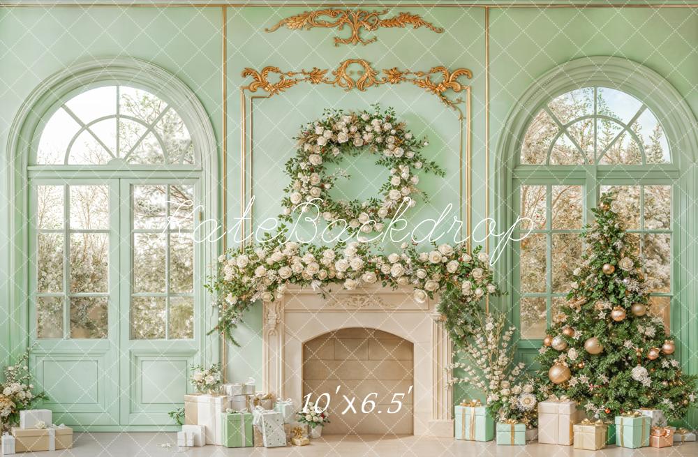Kate Weihnachten Kamin Geschenke Blumen Mintgrün Fleece Hintergrund Entworfen von Emetselch - Kate Backdrop.de