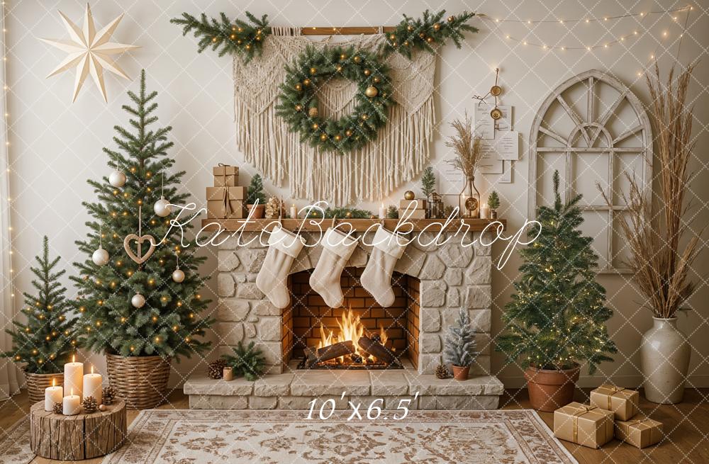 Kate Weihnachten Kamin Tannenbäume Gemütlich Hintergrund Entworfen von Ashley Paul - Kate Backdrop.de