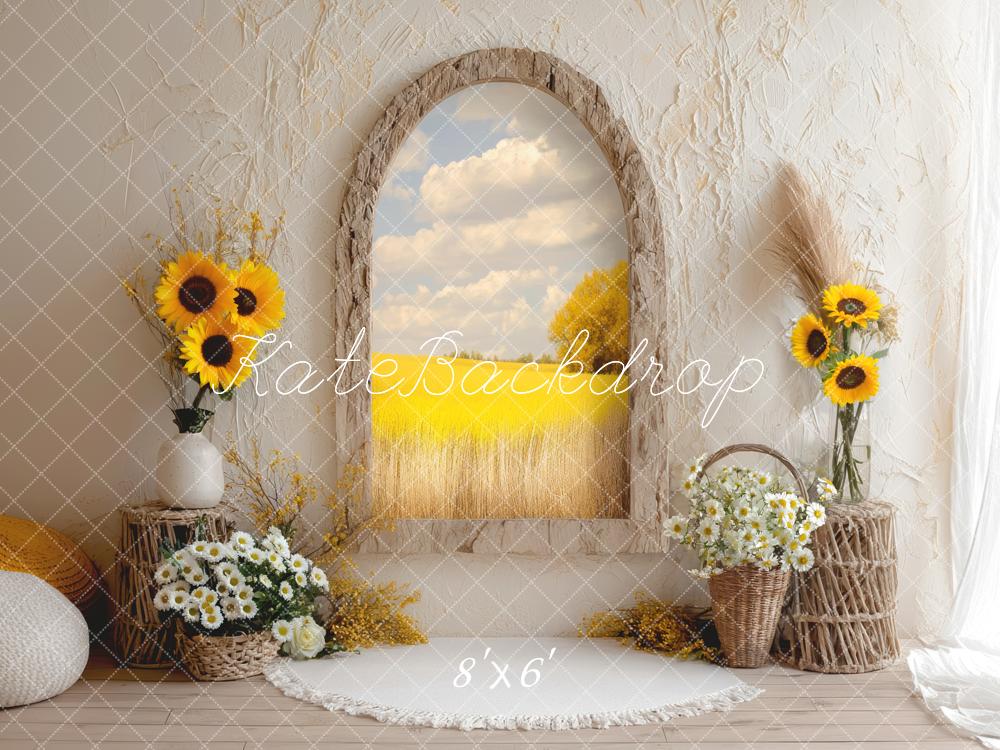 Kate Sommer Sonnenblumen Fenster Landhausstil Hintergrund Entworfen von Mini MakeBelieve - Kate Backdrop.de
