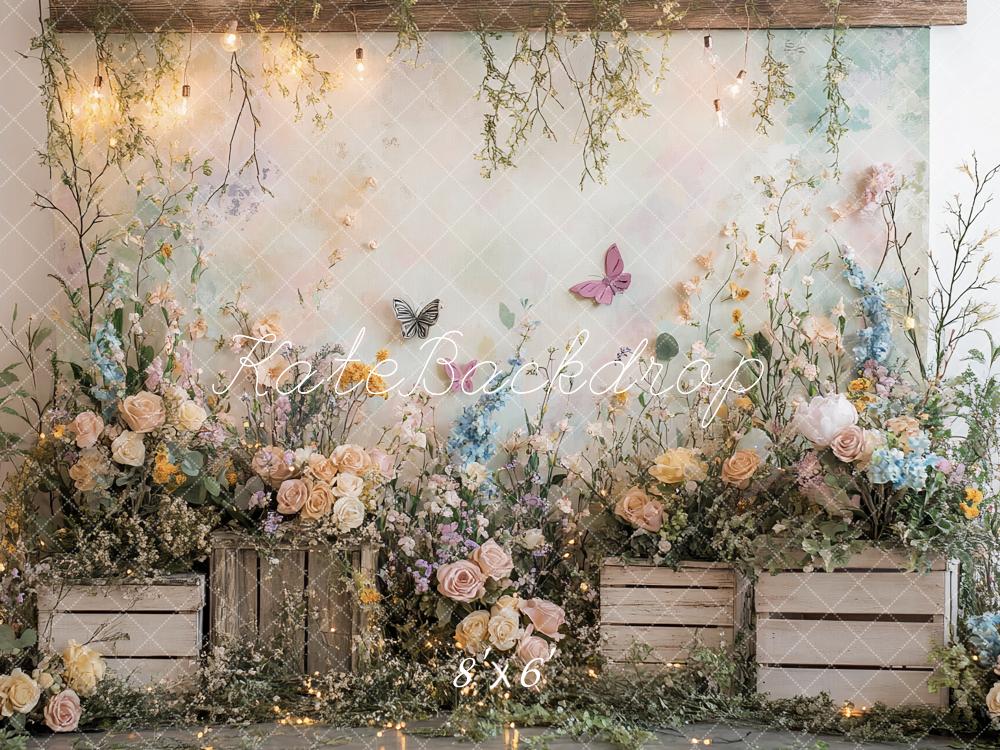 Kate Frühling Blumen Holzkisten Pastell Hintergrund Entworfen von Patty Roberts - Kate Backdrop.de