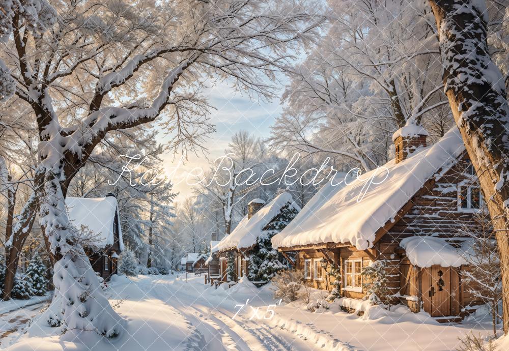 Kate Winter Dorf Holzhütten Schnee Hintergrund Entworfen von Emetselch - Kate Backdrop.de