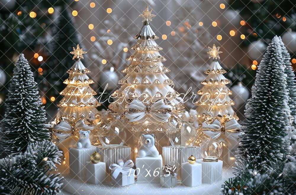 Kate Weihnachten Goldene Weihnachtsbäume Weiß Hintergrund Entworfen von Mini MakeBelieve - Kate Backdrop.de