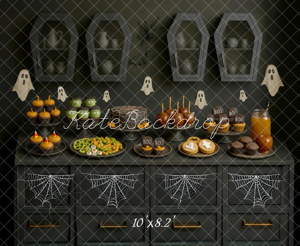 Kate Halloween Snacktisch Särge Geister Schwarz Hintergrund Entworfen von Mini MakeBelieve - Kate Backdrop.de
