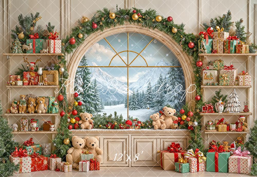 Kate Weihnachten Fenster Geschenke Regale Fleece Hintergrund Entworfen von Emetselch - Kate Backdrop.de
