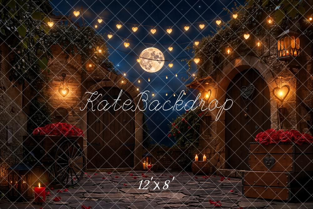Kate Valentinstag Romantischer Innenhof Lichter Nacht Fleece Hintergrund Entworfen von Emetselch