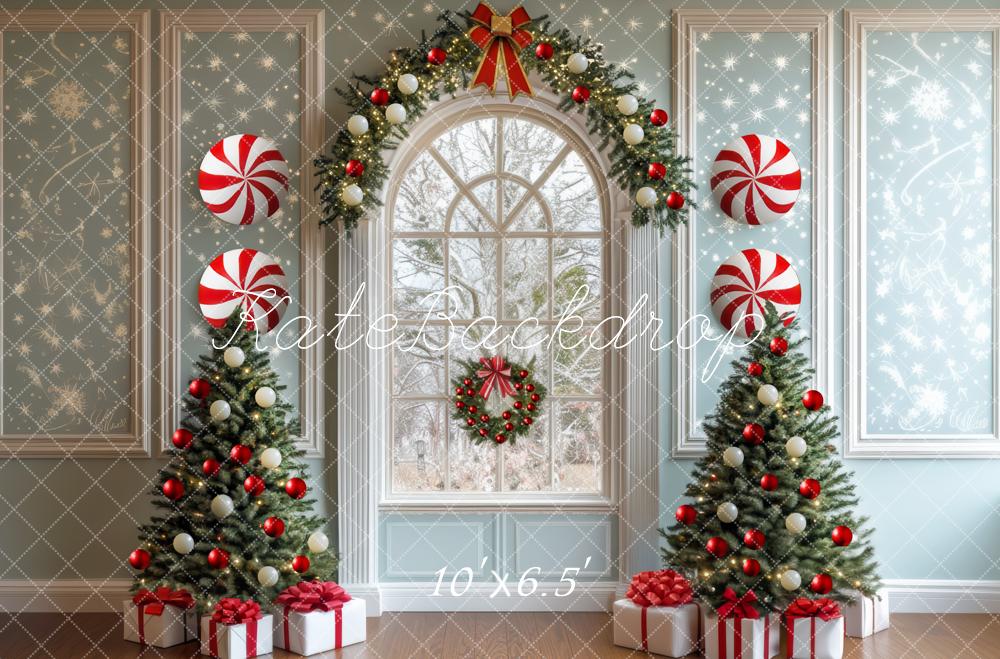 Kate Weihnachten Fenster Weihnachtsbaum Zuckerstangen Hintergrund Entworfen von Mini MakeBelieve - Kate Backdrop.de