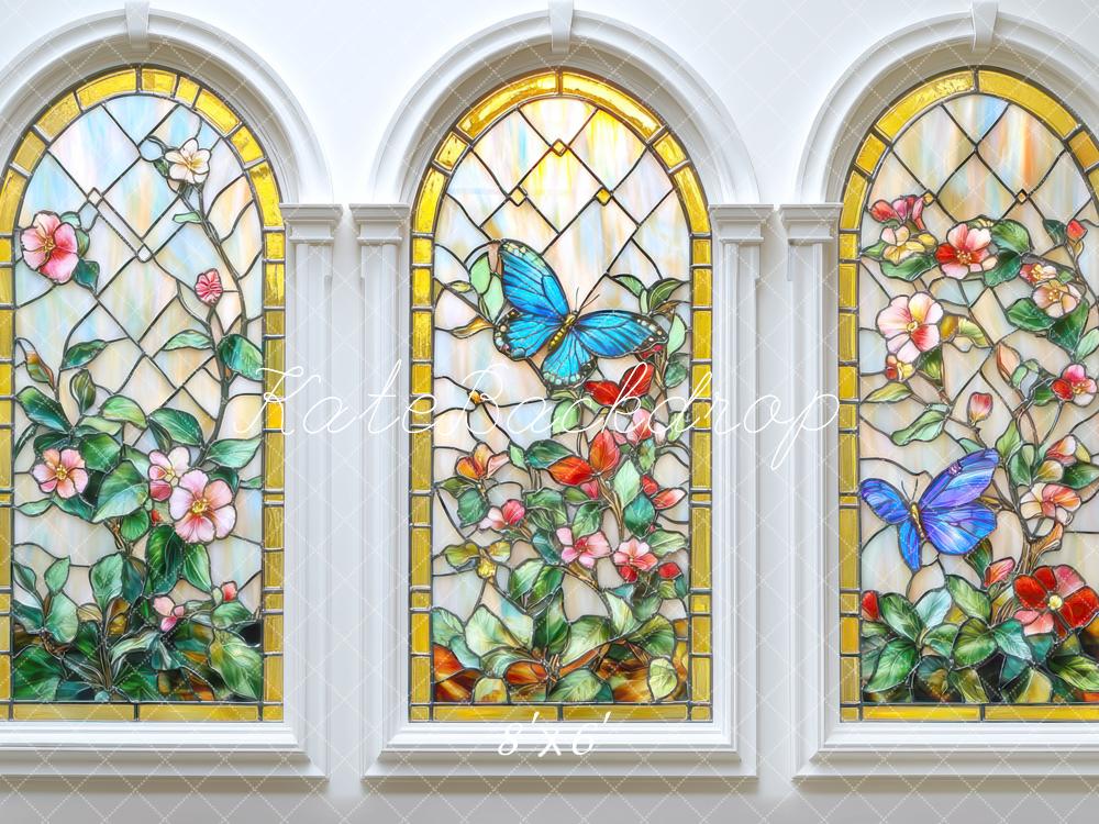 Kate Glas Fenster Schmetterlinge Blumen Bunt Hintergrund Entworfen von Mini MakeBelieve - Kate Backdrop.de