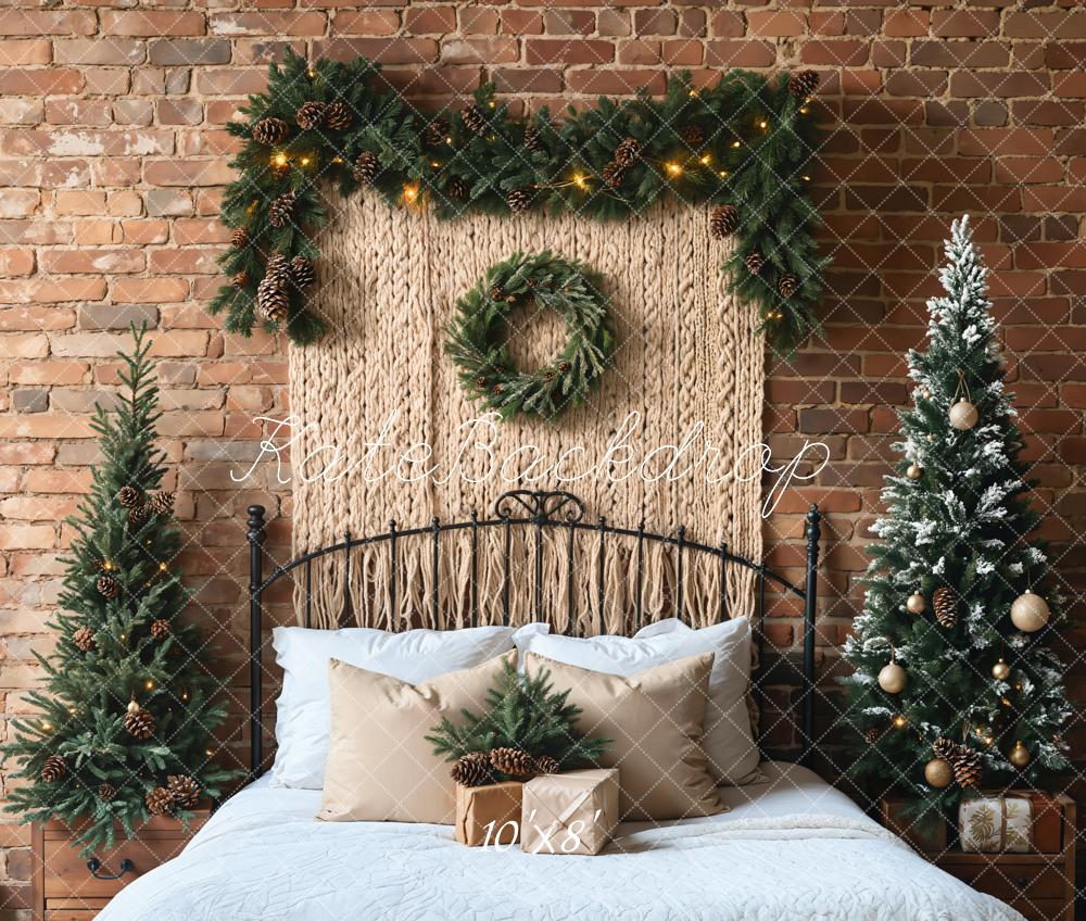 Kate Weihnachten Kranz Tannen Bäume Backstein Fleece Hintergrund Entworfen von Emetselch