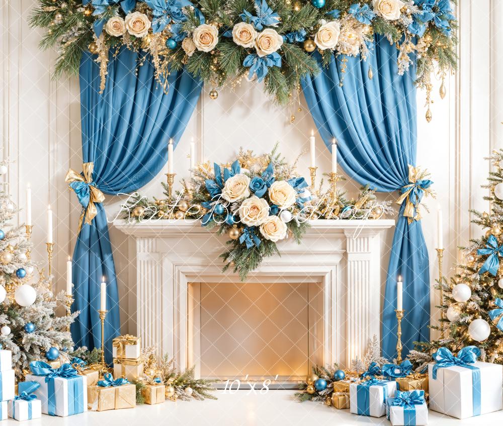 Kate Weihnachten Kamin Geschenke Blau Gold Fleece Hintergrund Entworfen von Emetselch - Kate Backdrop.de