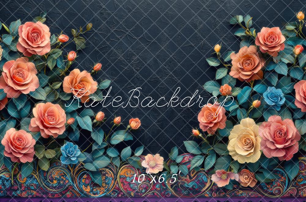 Kate Blumen Rosen Ornament Dunkel Hintergrund Entworfen von Mini MakeBelieve - Kate Backdrop.de