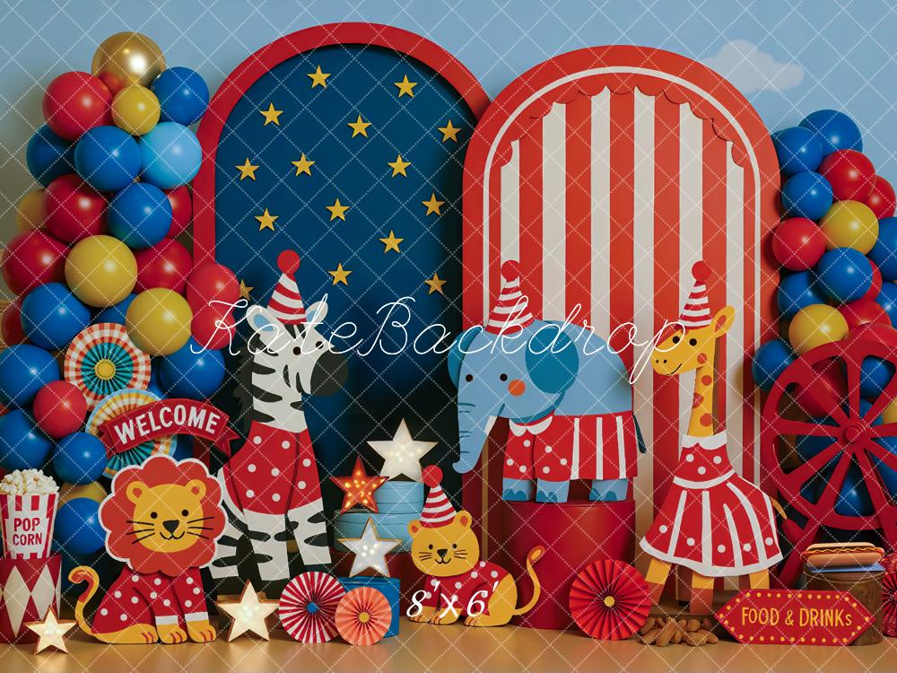 Kate Circus Tiere Luftballons Rot Blau Hintergrund Entworfen von Mini MakeBelieve - Kate Backdrop.de