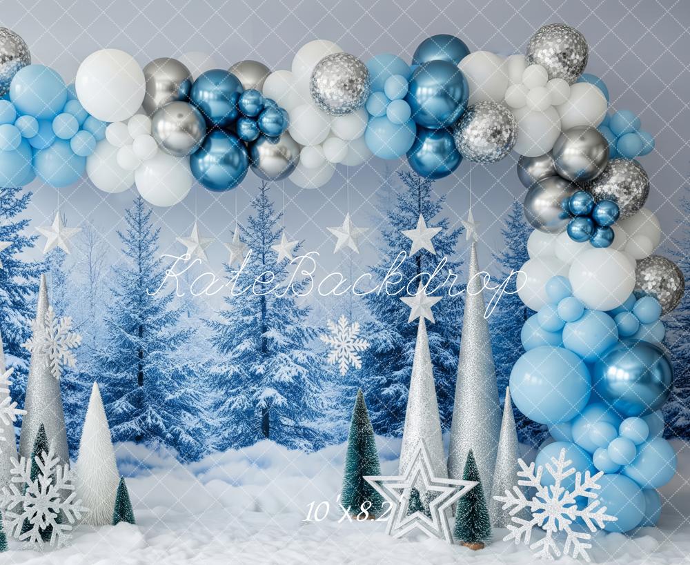 Kate Weihnachten Winterwald Ballons Blau Silber Hintergrund Entworfen von Patty Roberts