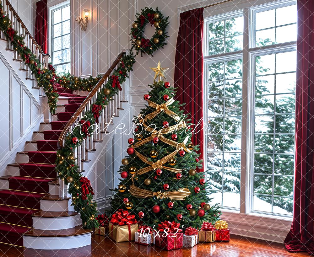 Kate Weihnachten Baum Geschenke Rot Hintergrund Entworfen von Mini MakeBelieve - Kate Backdrop.de