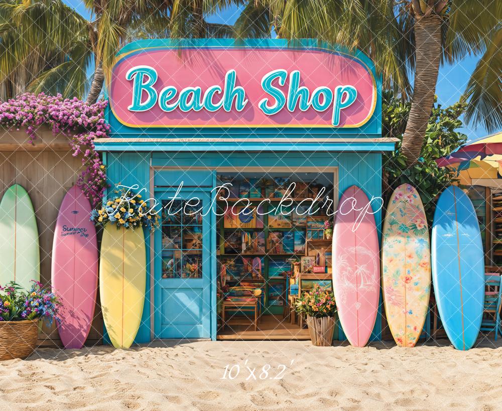 Kate Sommer Strandladen Surfbretter Bunt Hintergrund Entworfen von Emetselch - Kate Backdrop.de