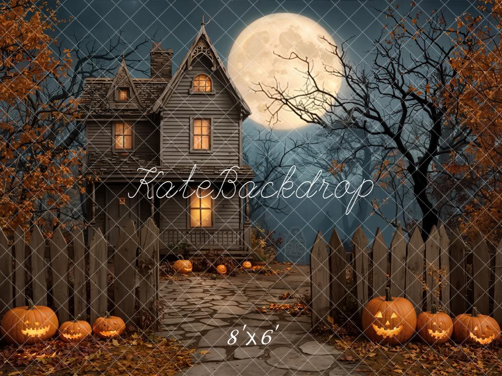 Kate Halloween Spukhaus Kürbisse Vollmond Hintergrund Entworfen von Emetselch - Kate Backdrop.de