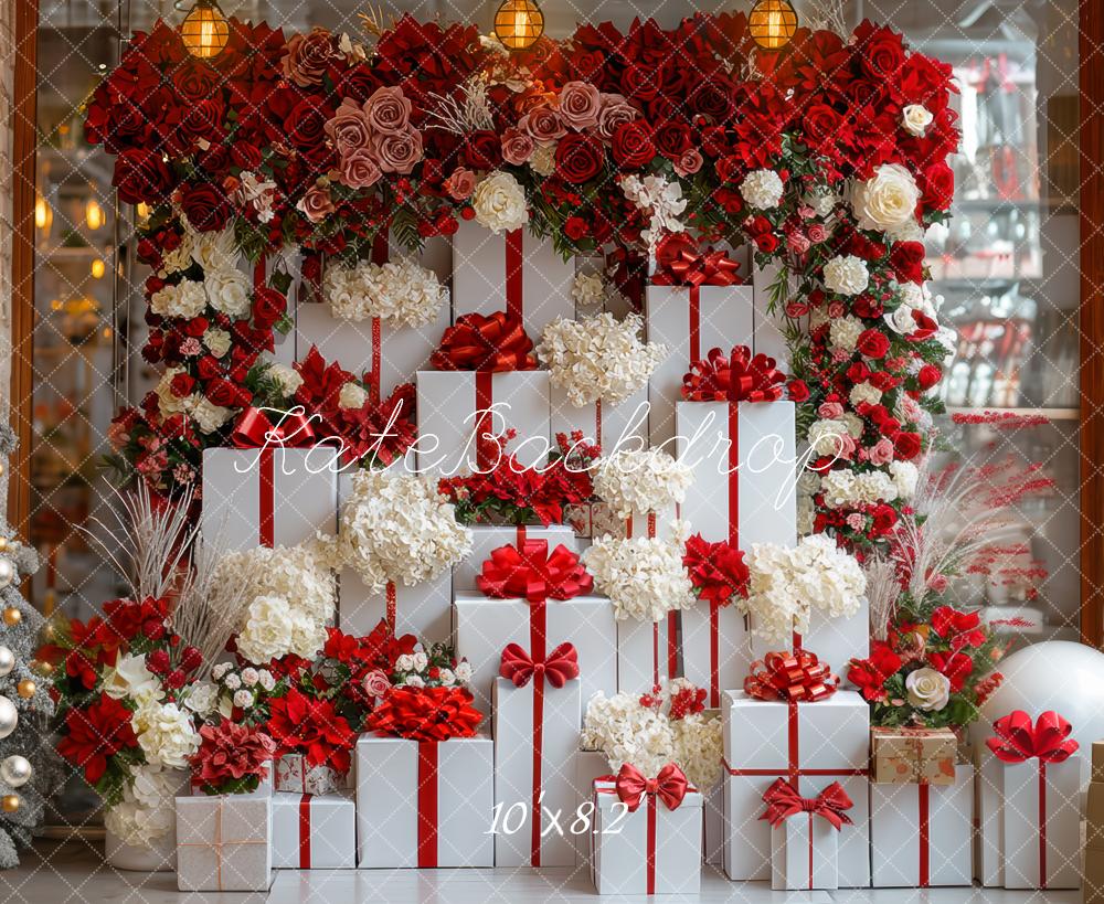 Kate Weihnachten Geschenke Blumen Rot Weiß Hintergrund Entworfen von Mini MakeBelieve - Kate Backdrop.de