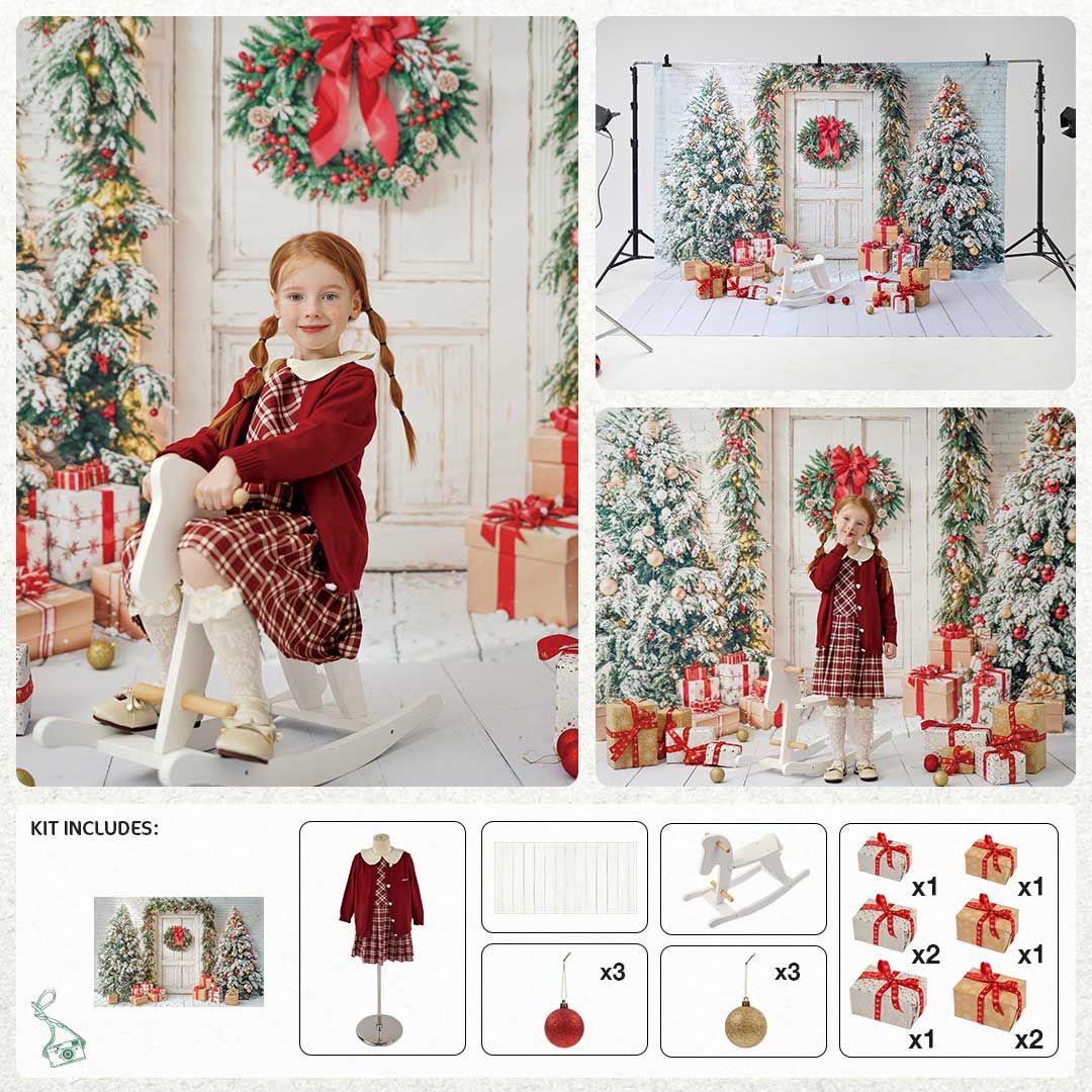 Kate Winter Weiß Front Holztür Weihnachten Baum Geschenke Foto Kit - Kate Backdrop.de